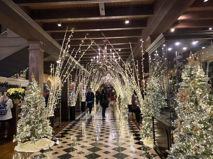 MIssion Inn Hotel hall in Christmas Lights