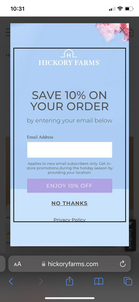Hickory Farms 10% Off Your Order Banner