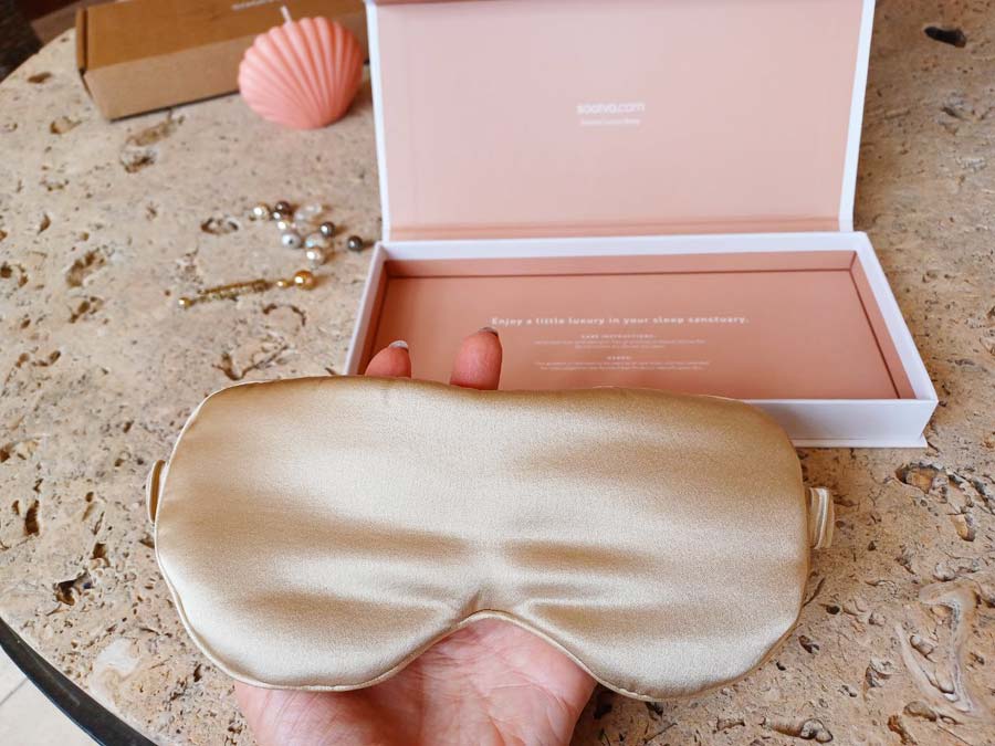 Saatva Weighted Silk Eye Mask in Sand Color