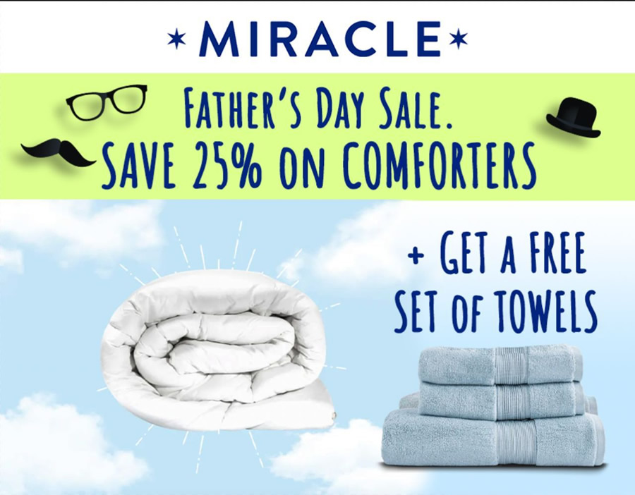 Father's Day Sale. Save 25% on comforters with free towels.
