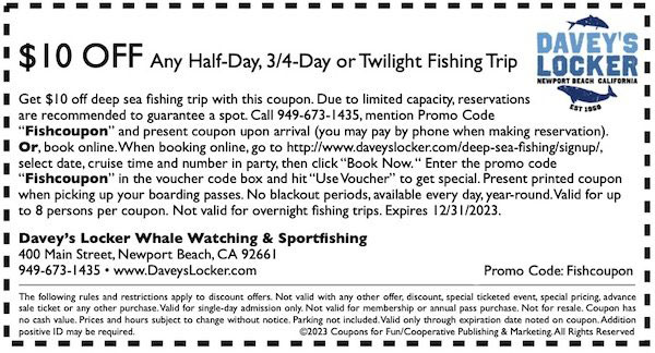 $10 Off Daveys Locker Fishing Trip Printable Coupon 2023