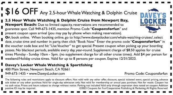 $16 Off Daveys Locker Whale Watching Printable Coupon 2023
