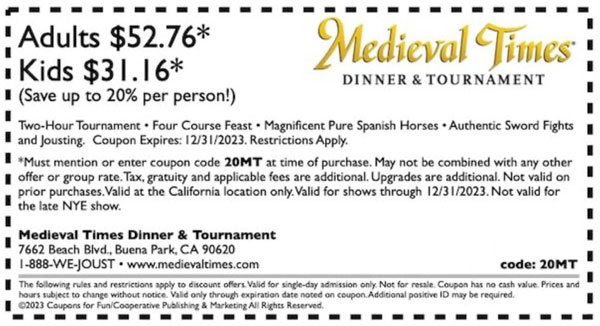 20% Off Medieval Times IL Printable Coupon 2023