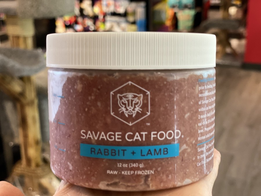 Introducing Savage cat food: a raw blend of rabbit and lamb.