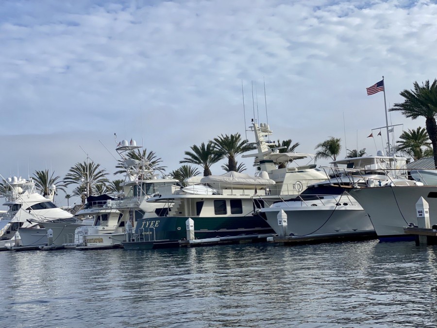 Busy boats filled with people enjoying snacks and wine make a vibrant social hub that outshines even the grand yachts around them.