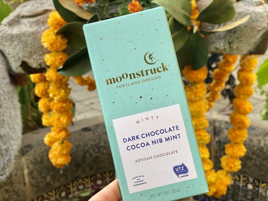 Indulge in the irresistibly delicious Moonstruck Dark Chocolate Cocoa Nib Mint Bar