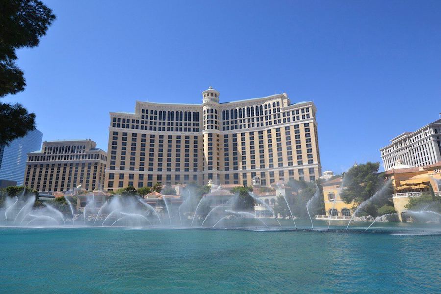 Experience the symphony of Bellagio's fountains as they dance in perfect harmony, a captivating water display.