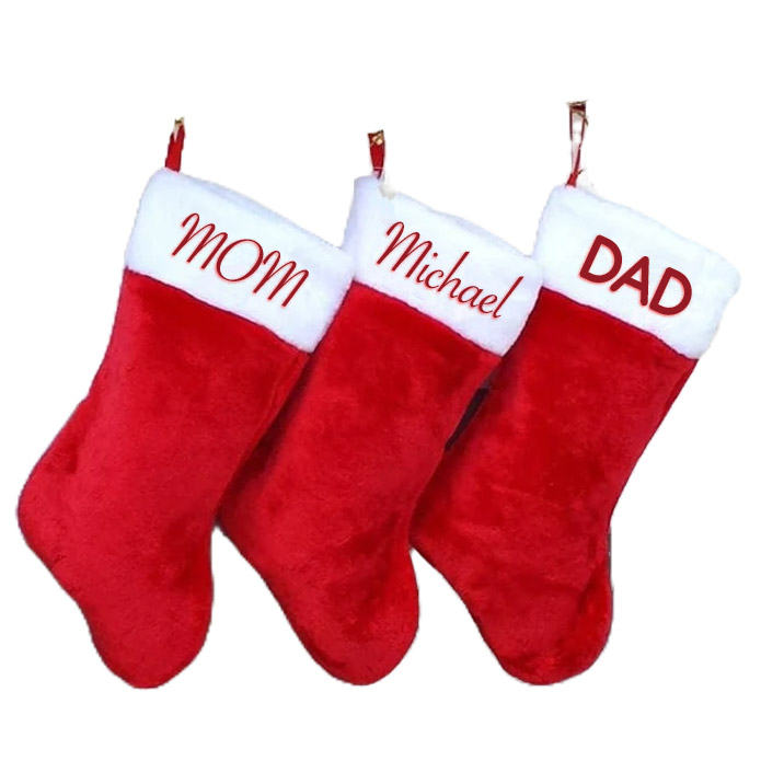 Red White Plush Embroidered Christmas Stockings