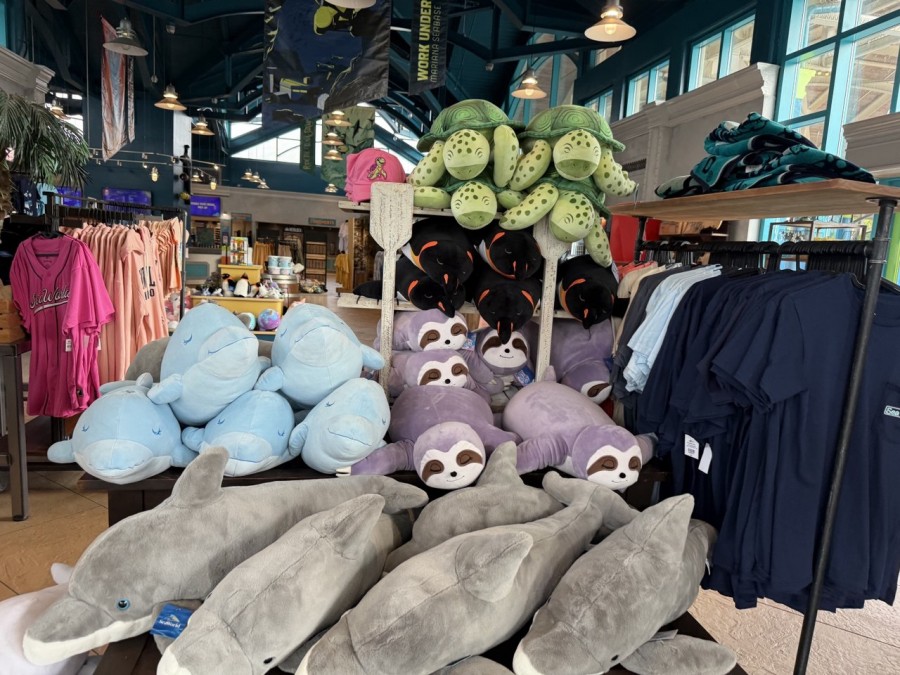 SeaWorld Store - Colorful displays of plushies, T-shirts, and collectible mugs.