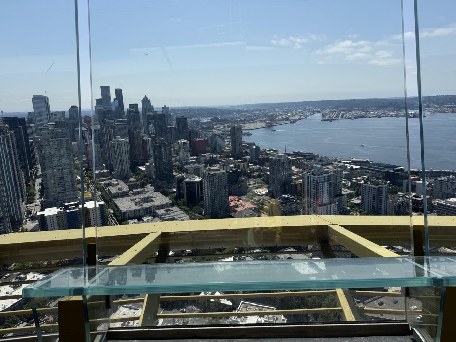 From the Space Needle’s observation deck, a sweeping panorama unfolds—featuring the full Seattle skyline