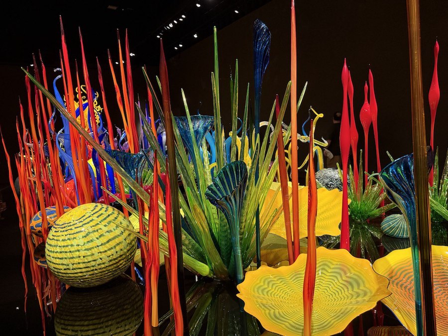 Reflections of bright glass forms in a dark gallery space at Chihuly Garden and Glass.