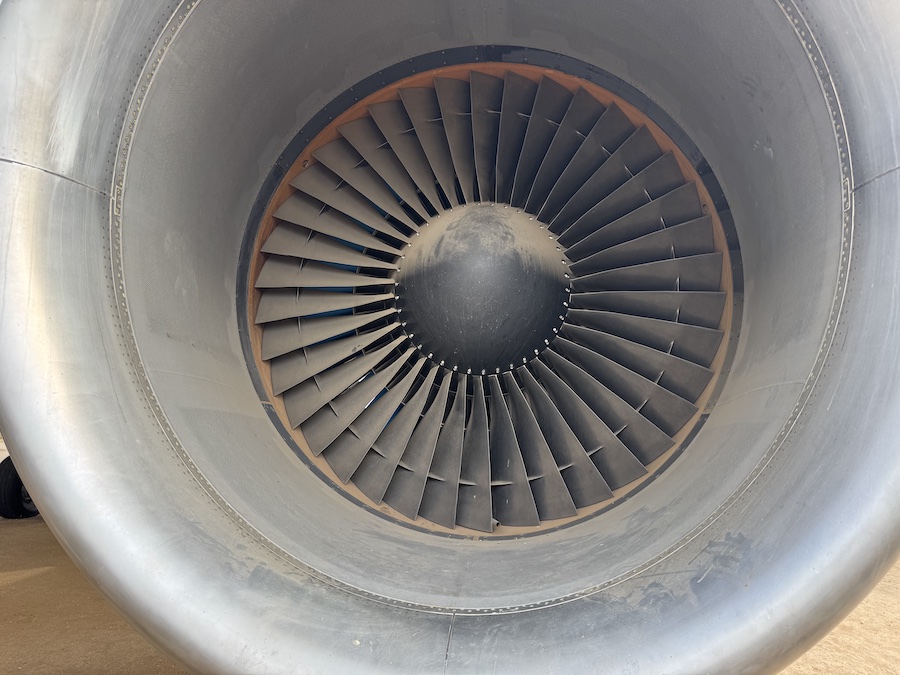 Close-up of jet engine on display at March Field Air Museum.