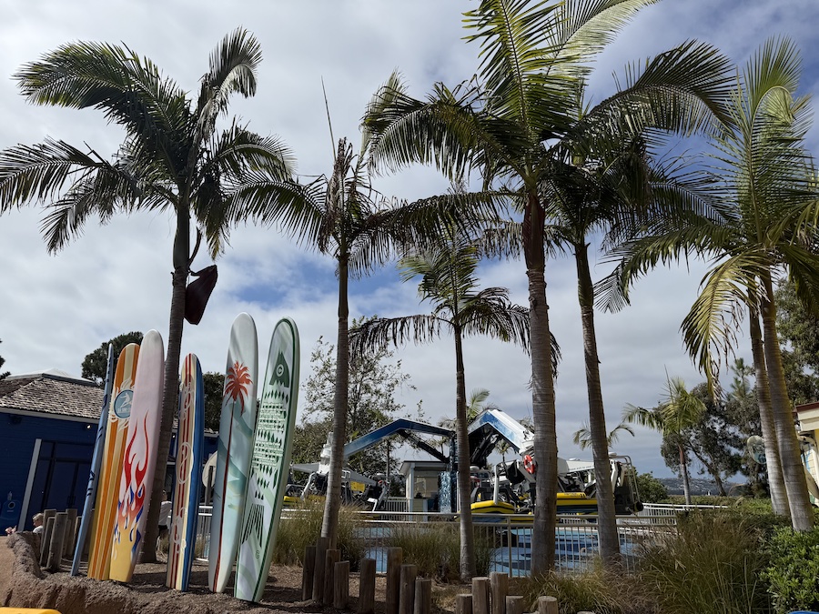 A central view of SeaWorld San Diego featuring surfboards and park attractions.
