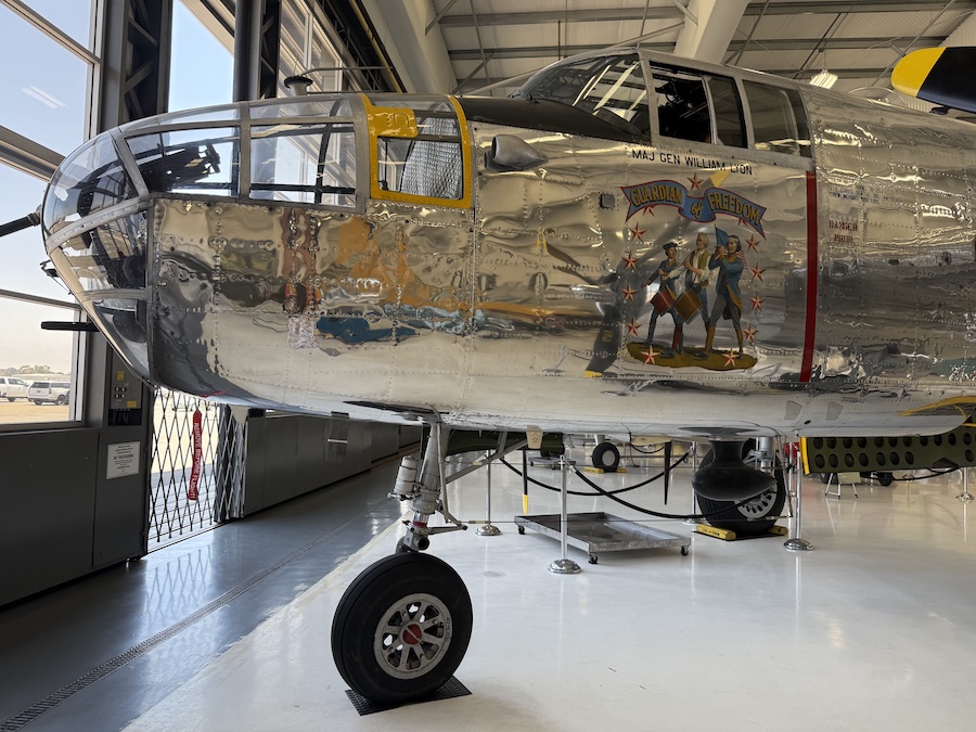 Aircraft featuring “Guardian of Freedom” nose art at Lyon Air Museum.