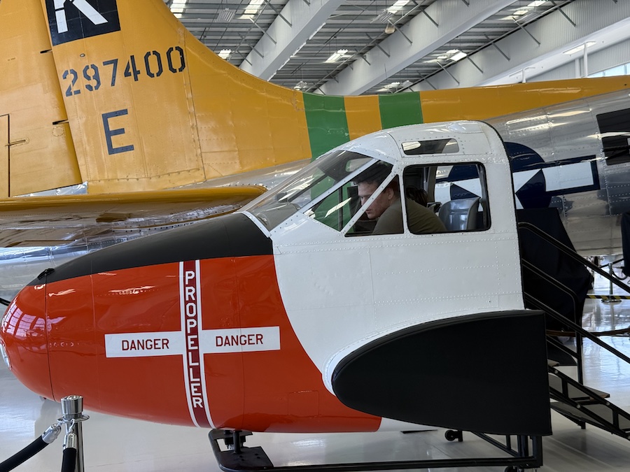 The cockpit of a vintage aircraft at the Lyon Air Museum.