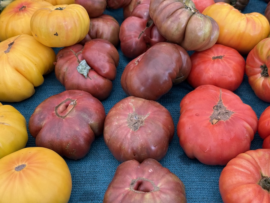 A pile of tomatoes on a market stall.