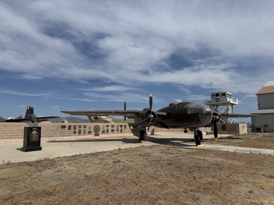 Military commemorative plaques honoring aviation history at March Field Air Museum.
