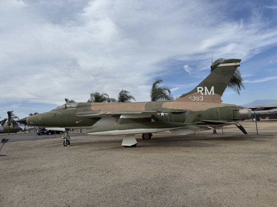 Historic fighter jet on outdoor exhibit at March Field Air Museum.
