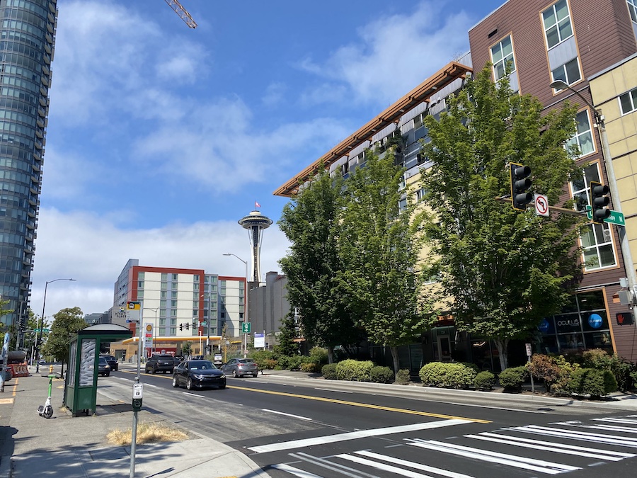 Iconic Space Needle seen from the streets of Seattle.