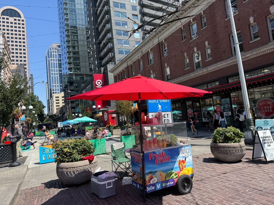 Street cart selling fresh fruit on a Seattle street