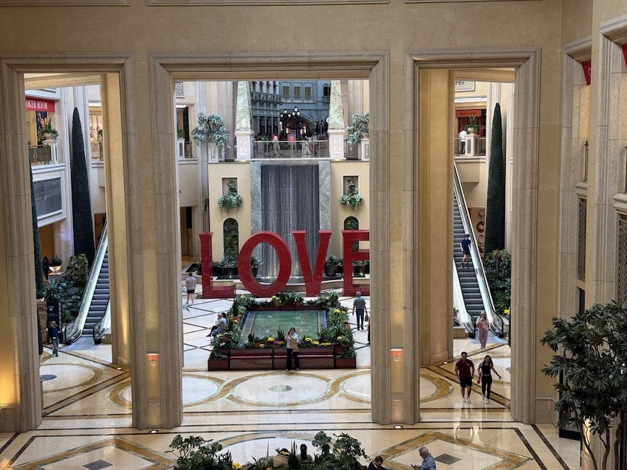 The iconic "LOVE" sculpture often found outside The Venetian, a popular photo spot.