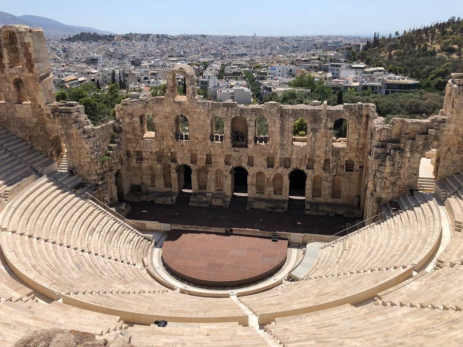 Wide view of the Acropolis hill overlooking the modern city of Athens.