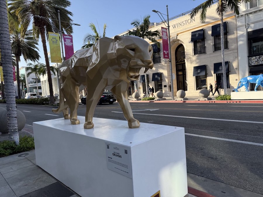Gold Panther sculpture by Richard Orlinski on display in Beverly Hills.