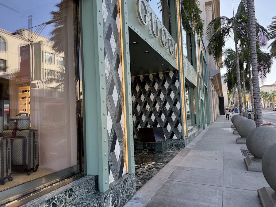 Elegant storefront entrance on Rodeo Drive in Beverly Hills.