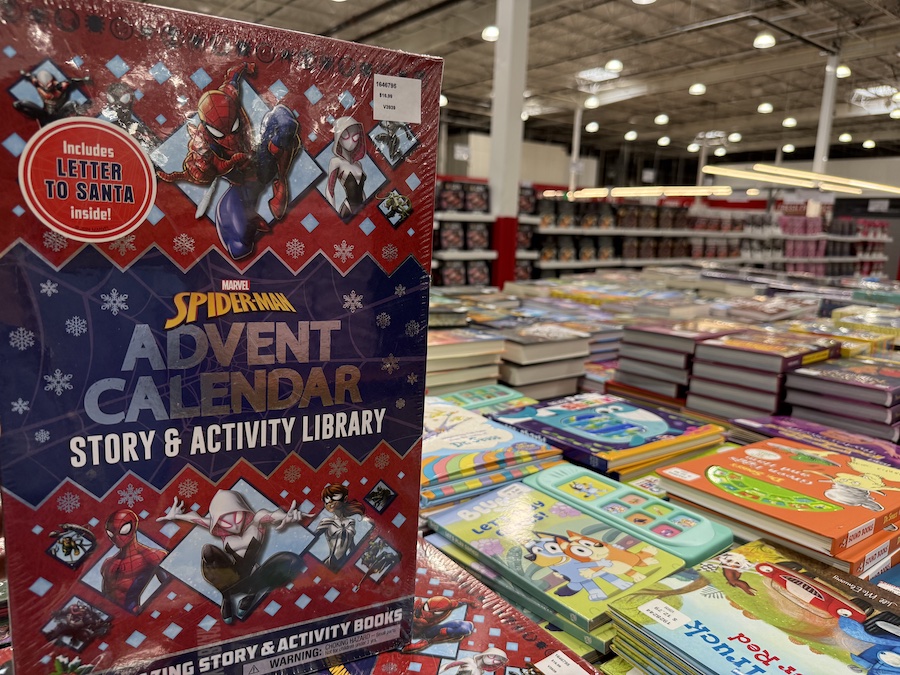 Colorful advent calendars stacked high in Costco’s holiday aisle.