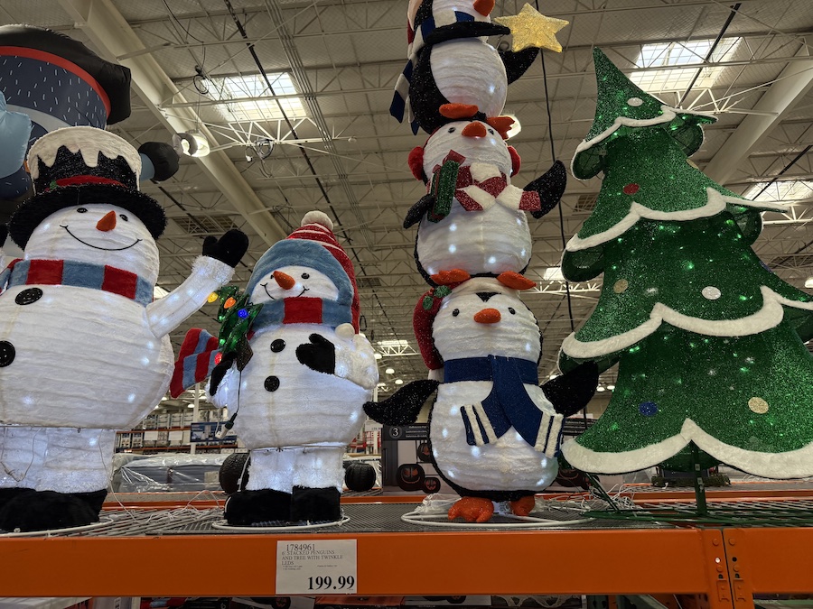 Seasonal holiday decorations filling the middle aisles of Costco.