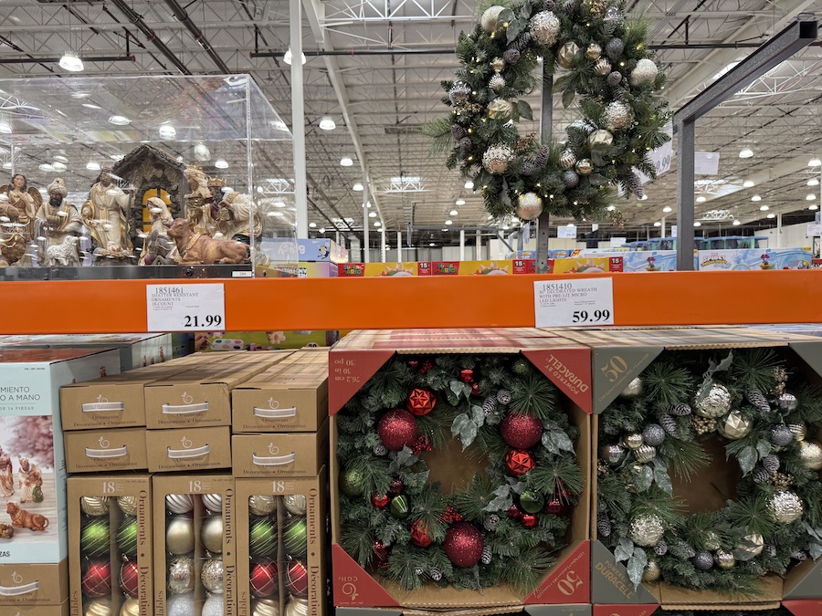 Promotional holiday decorations arranged in Costco’s central section.