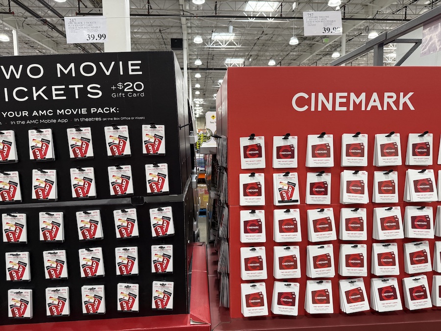 AMC Black 2 Tickets and Cinemark gift cards showcased in Costco’s seasonal gift area.