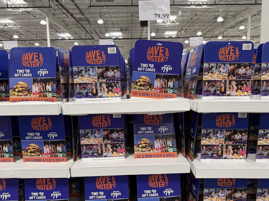 Dave & Buster’s arcade and dining gift cards stacked neatly at Costco.
