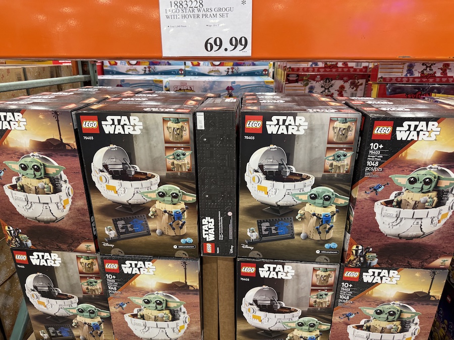 Stacks of LEGO Star Wars sets displayed in Costco’s toy section.