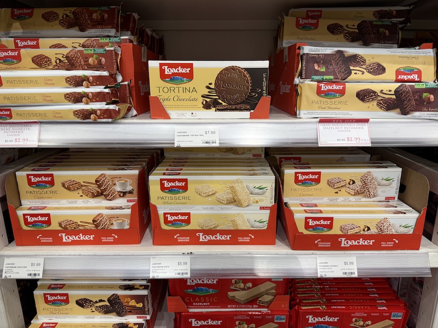 Close-up of crispy Loacker wafers with layers of chocolate and cream.