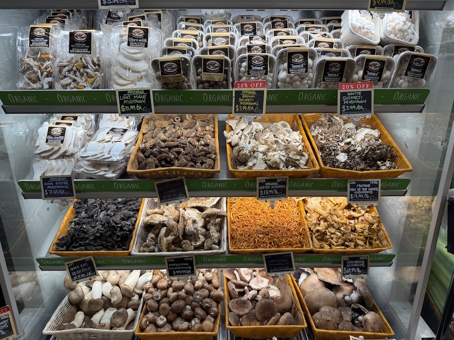 Farm-fresh organic mushrooms arranged in wicker baskets.