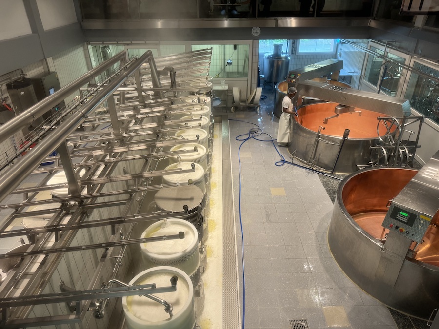 Large copper vats filled with fresh milk being stirred to make cheese.