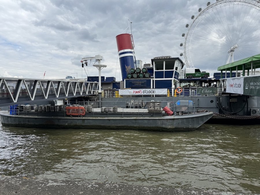 Floating pub and restaurant aboard the PS Tattershall Castle moored on the River Thames.