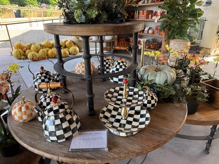 Fall-themed dishes arranged on a rustic table with pumpkins and flowers.