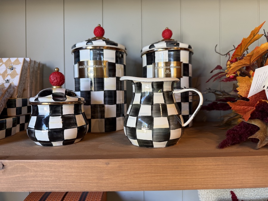 A close-up shot of a set of black and white checkered home decor items.
