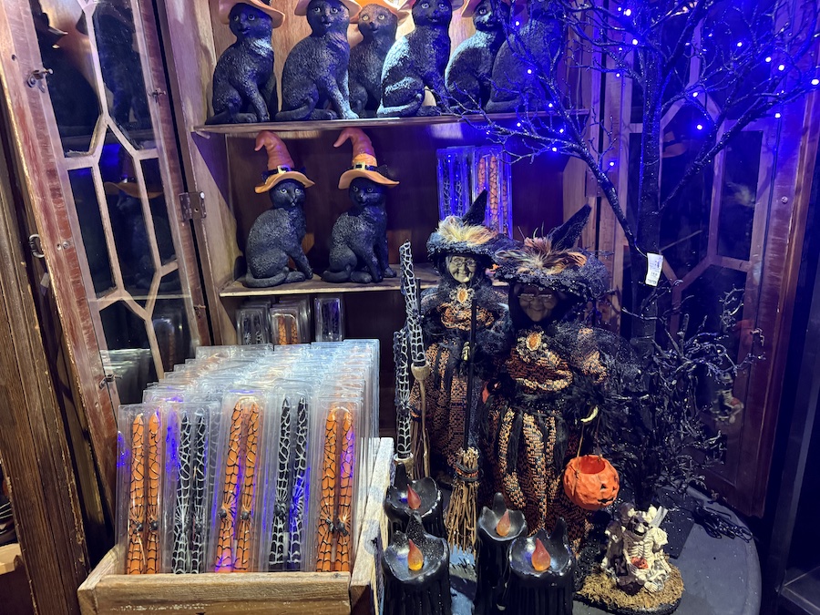 Black cats and witches displayed in themed décor.
