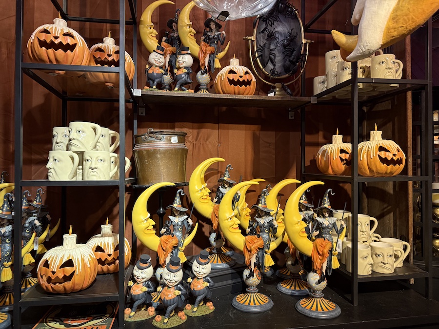 Witch figurines, dishes and pumpkins in a wide range at the Rogers Gardens Midnight Market