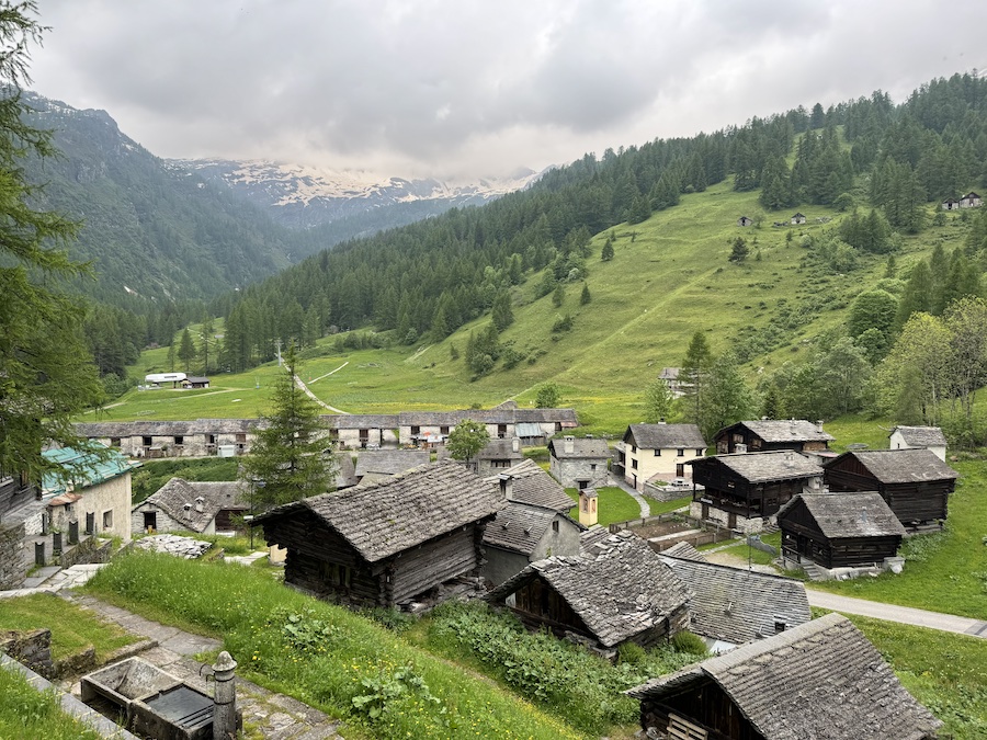 Wooden chalets in the traditional Walser village of Bosco Gurin.