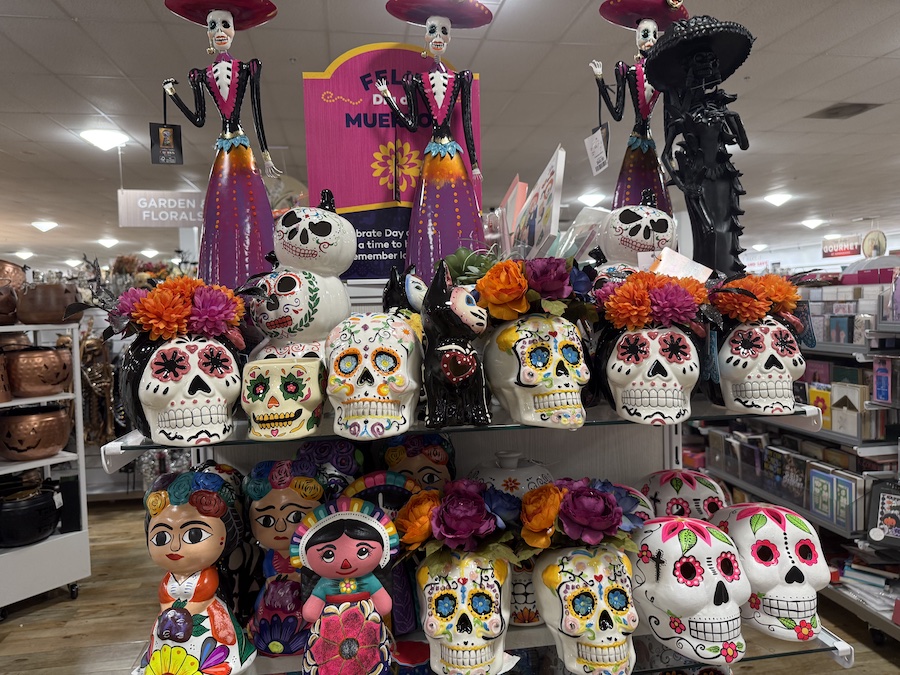Day of the Dead skull designs in bright colors.