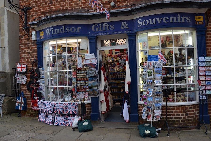 Local shop selling royal-themed souvenirs near Windsor Castle.