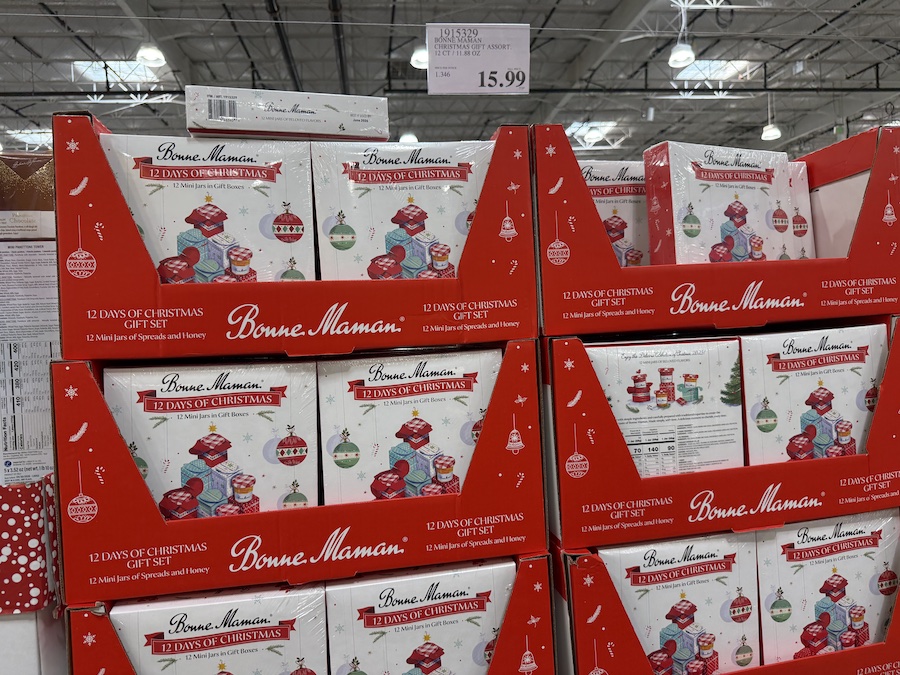Charming holiday box with 12 mini jars of Bonne Maman fruit preserves.