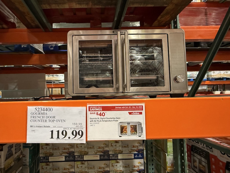 Gourmia XL 45 Quart Digital Countertop Oven showcased beside demo signage and discount details.