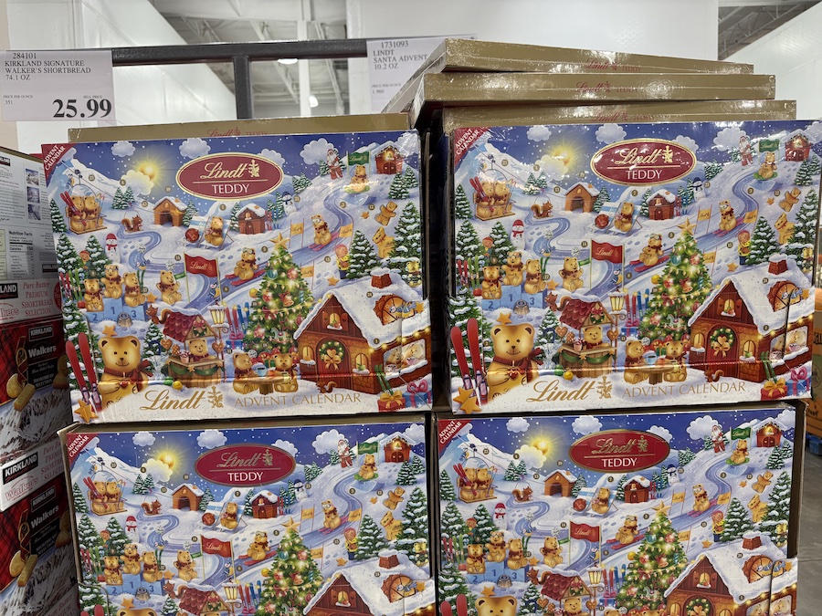 Lindt Teddy Advent Calendars with gold foil bears lined up neatly in the seasonal candy section.