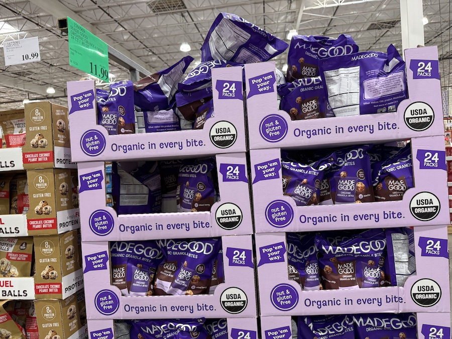 Family-size box of organic, allergy-friendly granola bites in assorted flavors.