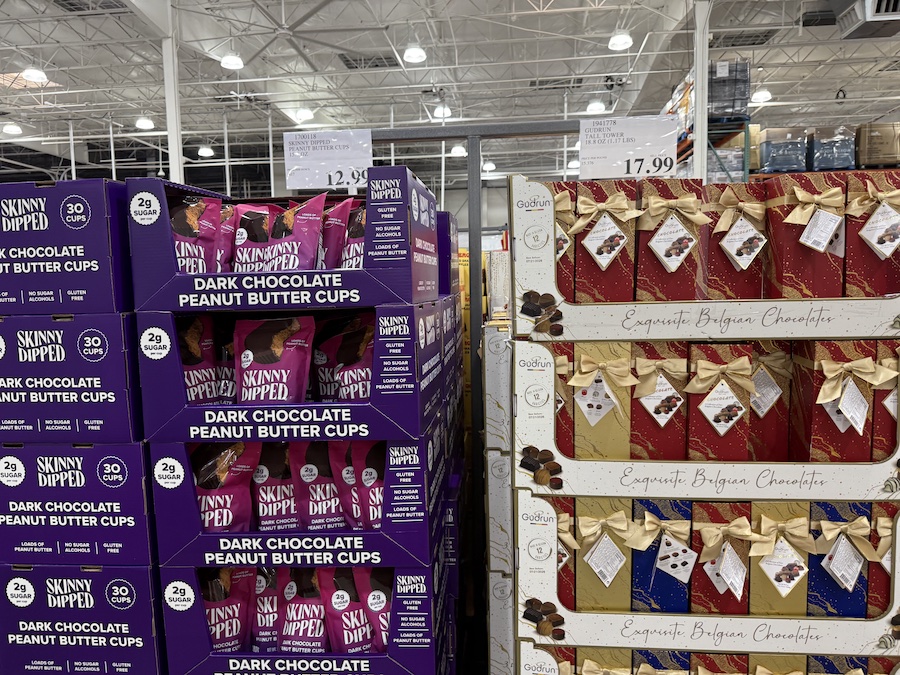 Skinny Dipped Cups, Dark Chocolate Peanut Butter 30-count displayed near healthy snack options.